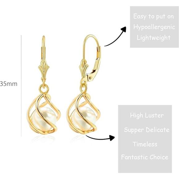 14K Gold plated Caged Lightweight Leverback Pearl Dangling Drop Elegant Jewelry - Picture 5 of 5